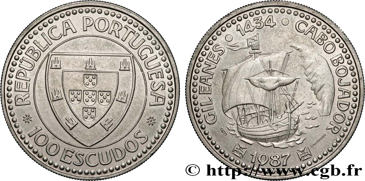 PORTUGAL 100 Escudos Découverte du Cap Bojador en 1434 par Gil Eanes, voilier 1987  EBC 