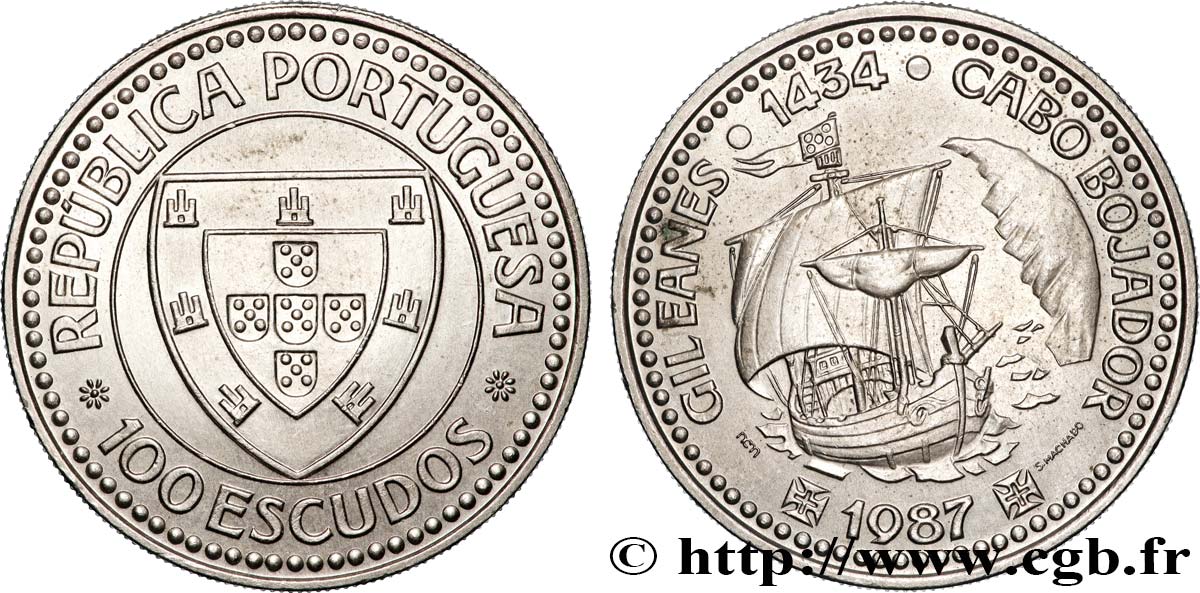 PORTUGAL 100 Escudos Découverte du Cap Bojador en 1434 par Gil Eanes, voilier 1987 Lisbonne EBC 
