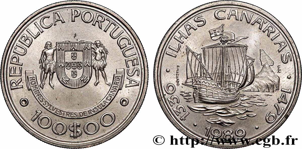 PORTUGAL 100 Escudos découverte des îles Canaries 1989  SUP 