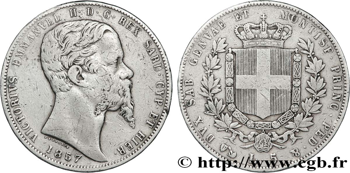 ITALIA - REINO DE CERDEÑA - VÍCTOR-MANUEL II 5 Lire  1857 Gênes BC+ 