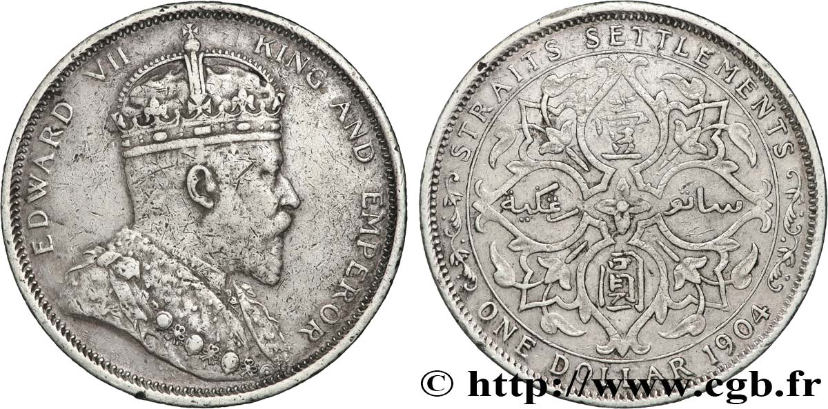 MALAISIE - ÉTABLISSEMENTS DES DÉTROITS 1 Dollar Edouard VII 1904 Bombay TB+ 