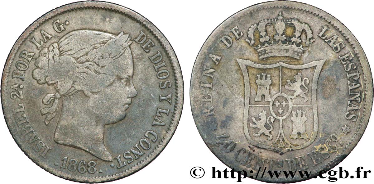 SPAGNA 40 Centimos Isabelle II  1868 Madrid q.BB 