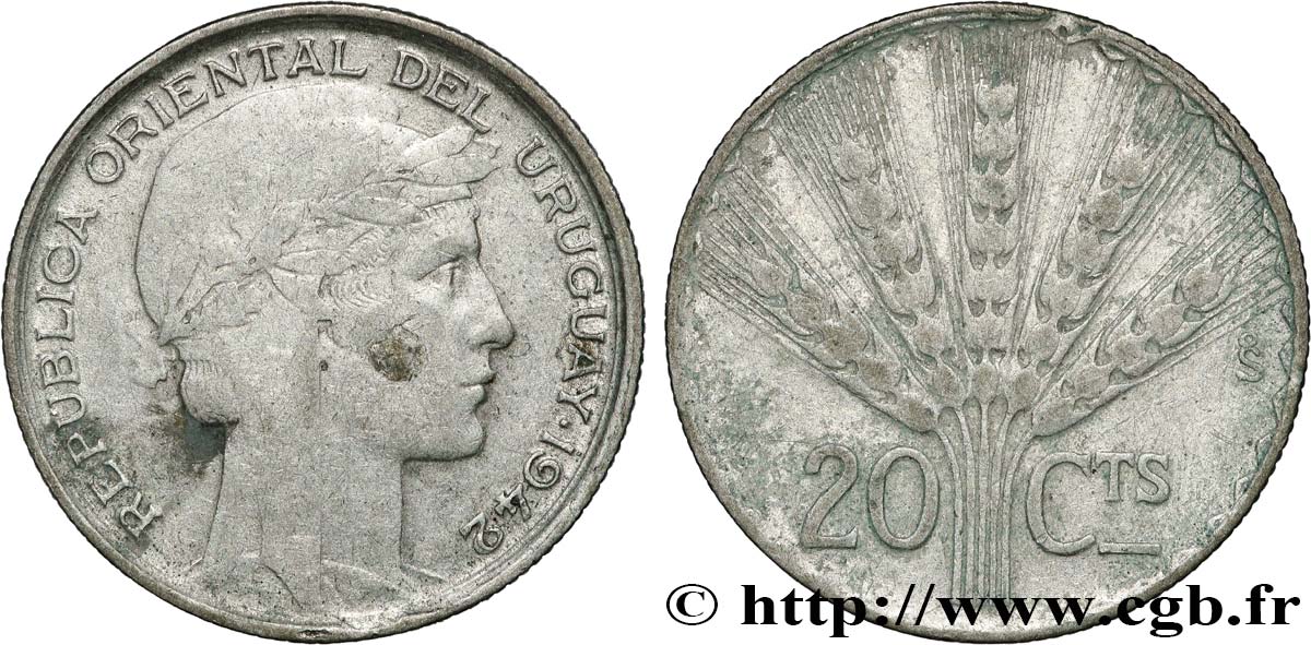 URUGUAY 20 Centesimos de type Morlon 1942 Santiago - S° TTB 
