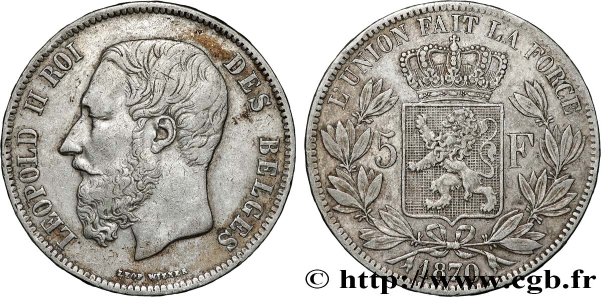 BELGIQUE 5 Francs Léopold II 1870  TTB 