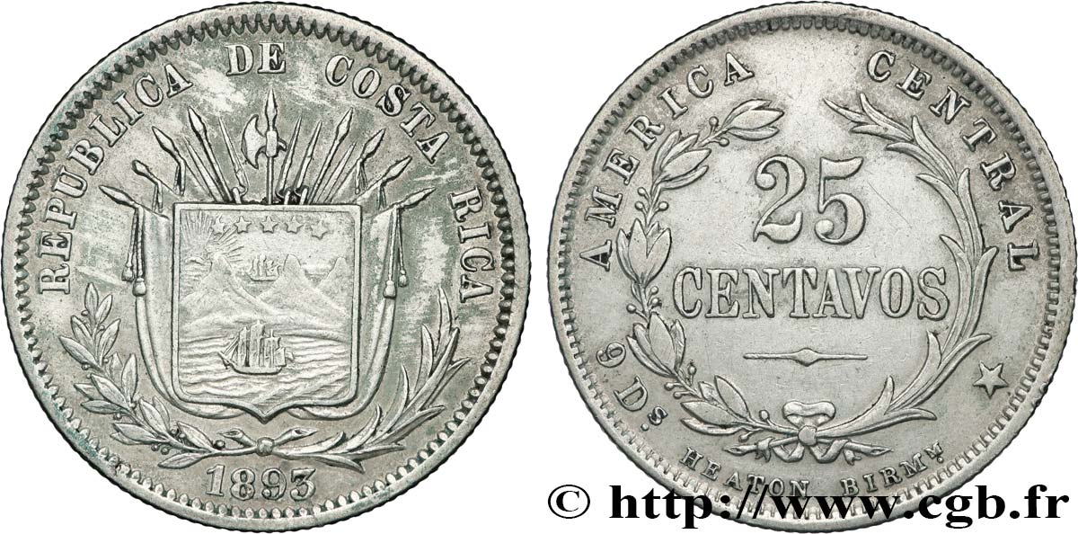 COSTA RICA 25 Centavos 1893 Heaton TTB 