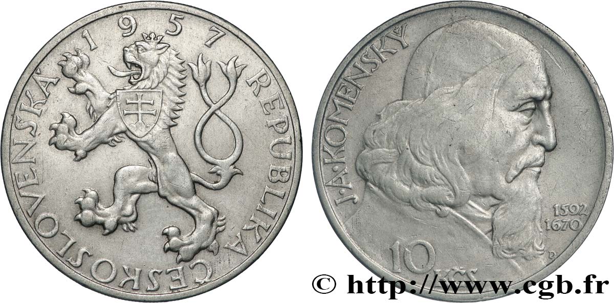 TCHÉCOSLOVAQUIE 10 Korun Comenius 1957  TTB+ 
