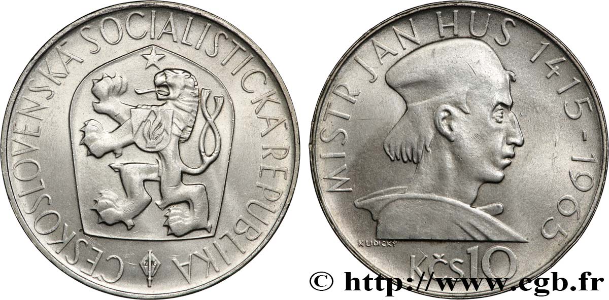 TCHÉCOSLOVAQUIE 10 Korun 550e anniversaire de la mort de Jan Huis 1965  SPL 