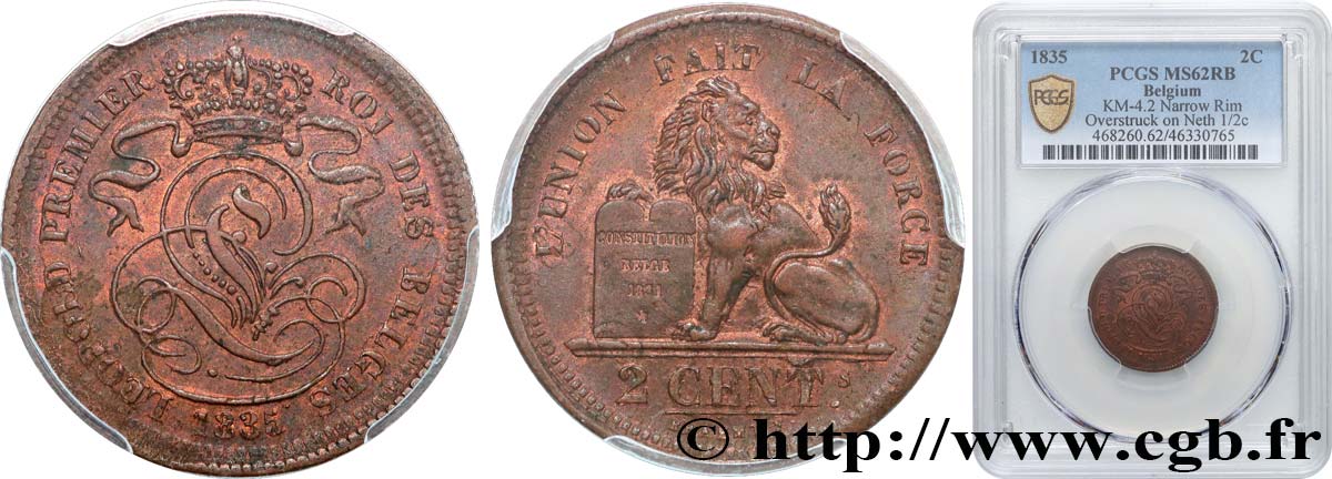 BELGIUM 2 Centimes Léopold Ier 1835  MS62 PCGS