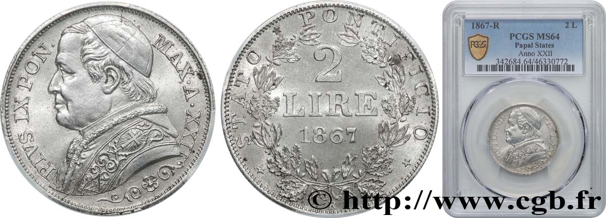 VATICAN ET ÉTATS PONTIFICAUX 2 Lire Pie IX an XII 1867 Rome SPL64 PCGS