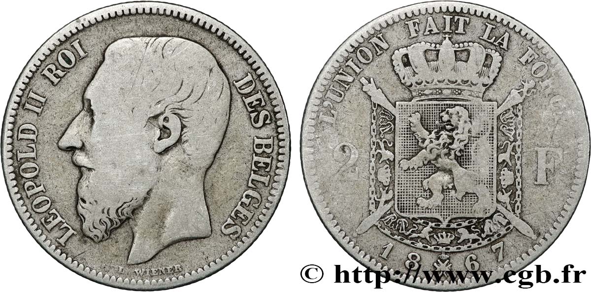 BELGIQUE 2 Francs Léopold II légende française 1867  TB 