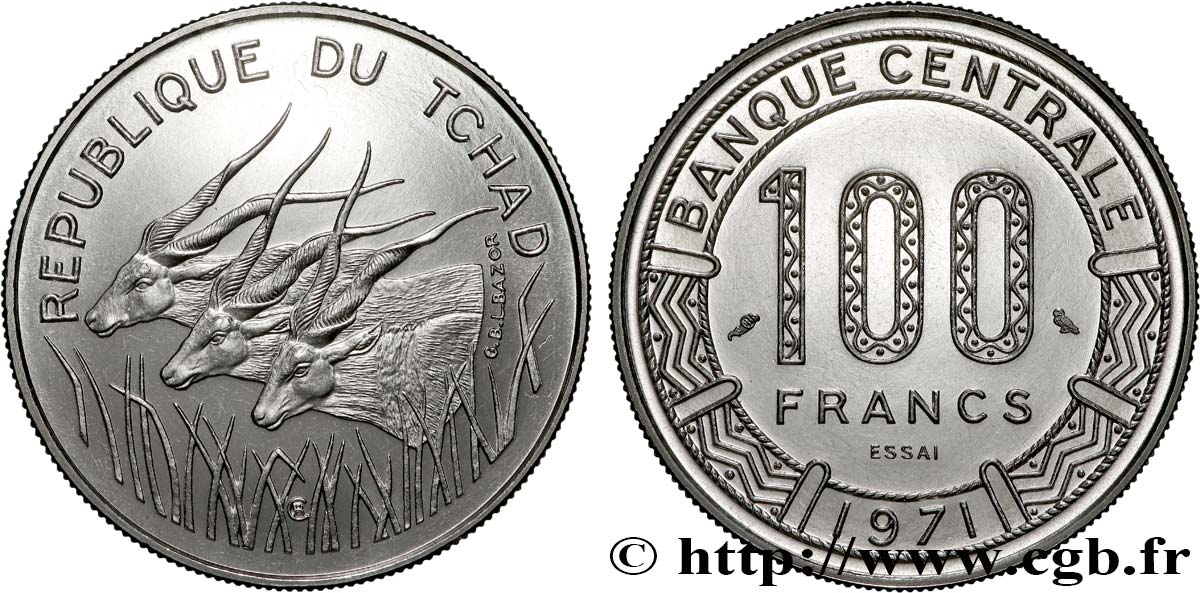 TSCHAD Essai de 100 Francs type “Banque Centrale”, antilopes 1971 Paris ST 