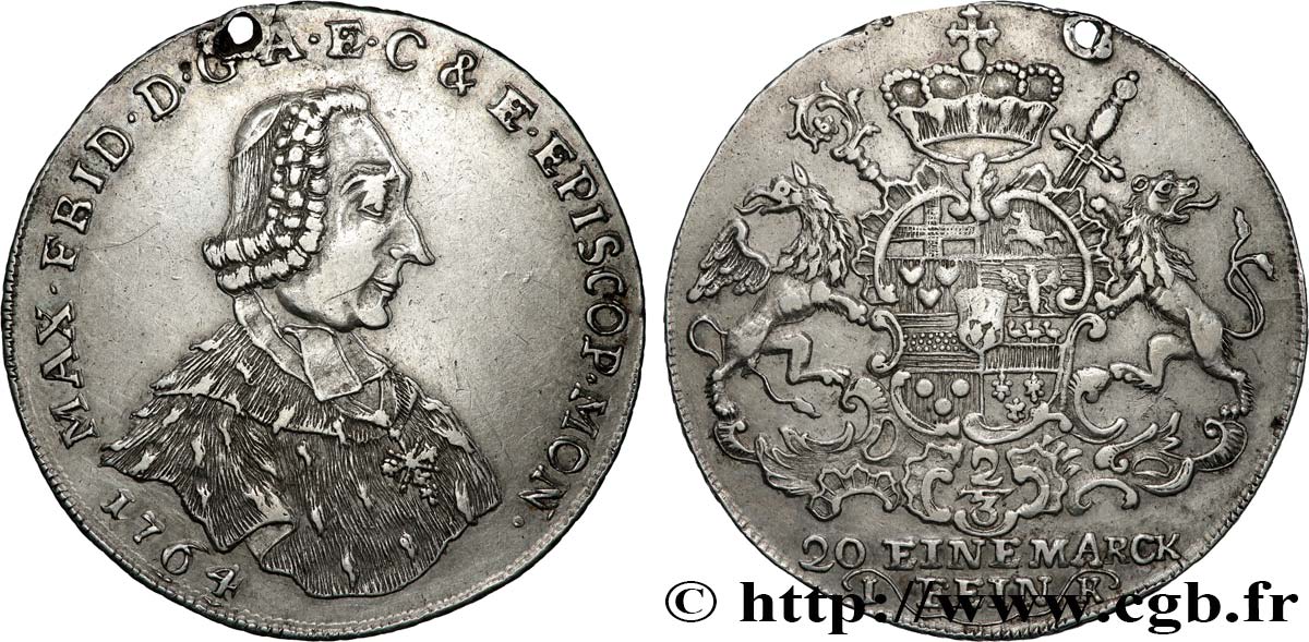 GERMANY - ARCHBISHOPRIC OF COLOGNE - MAXIMILIAN FRIEDRICH VON KÖNIGSEGG-ROTHENFELS 1/2 Konventionstaler 1764  XF 