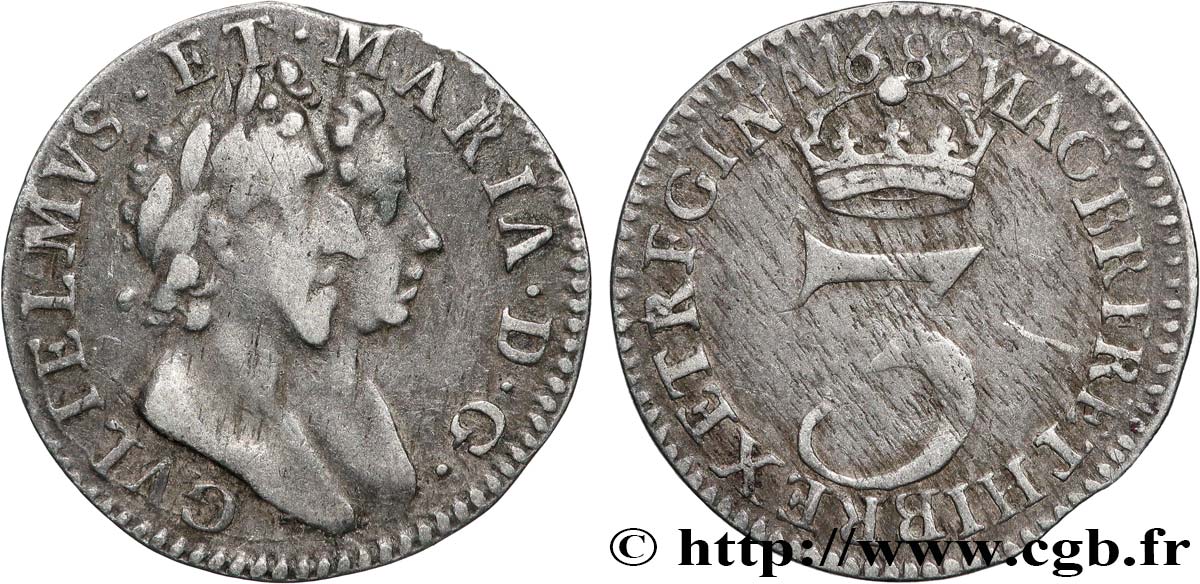GREAT-BRITAIN - WILLIAM AND MARY 3 Pence 1689  XF 