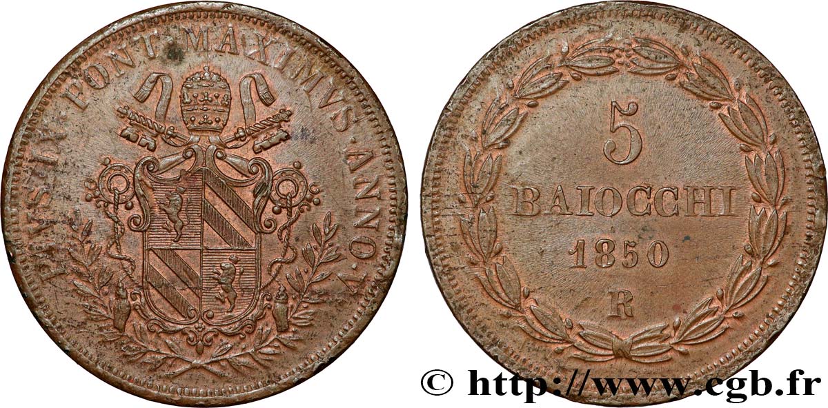 ITALY - PAPAL STATES - PIUS IX (Giovanni Maria Mastai Ferretti) 5 Baiocchi an V 1850 Rome AU 