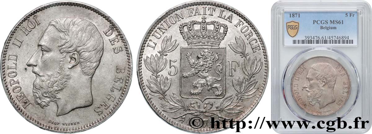 BELGIQUE - ROYAUME DE BELGIQUE - LÉOPOLD II 5 Francs  1871  SUP61 PCGS