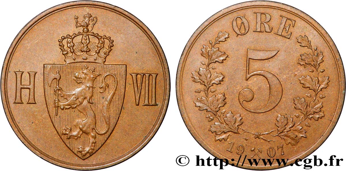 NORWEGEN 5 Ore Haakon VII 1907  VZ 