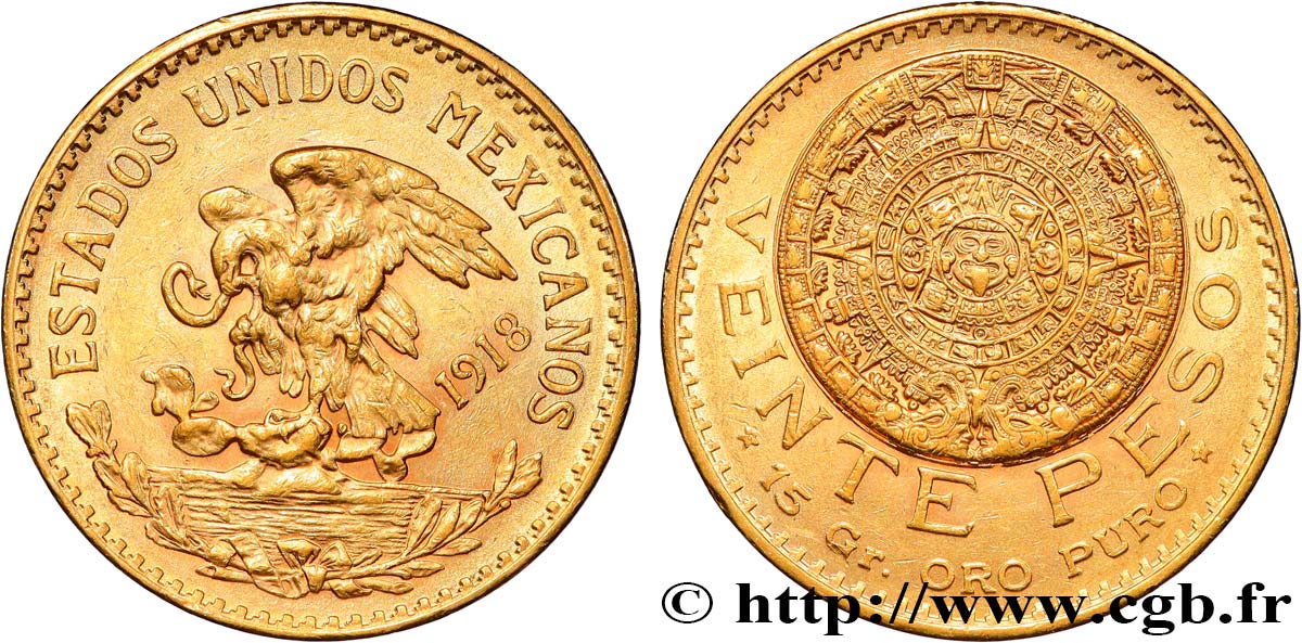 MEXIQUE 20 Pesos “Pierre du Soleil” (calendrier aztèque) 1918 Mexico SUP/TTB+ 