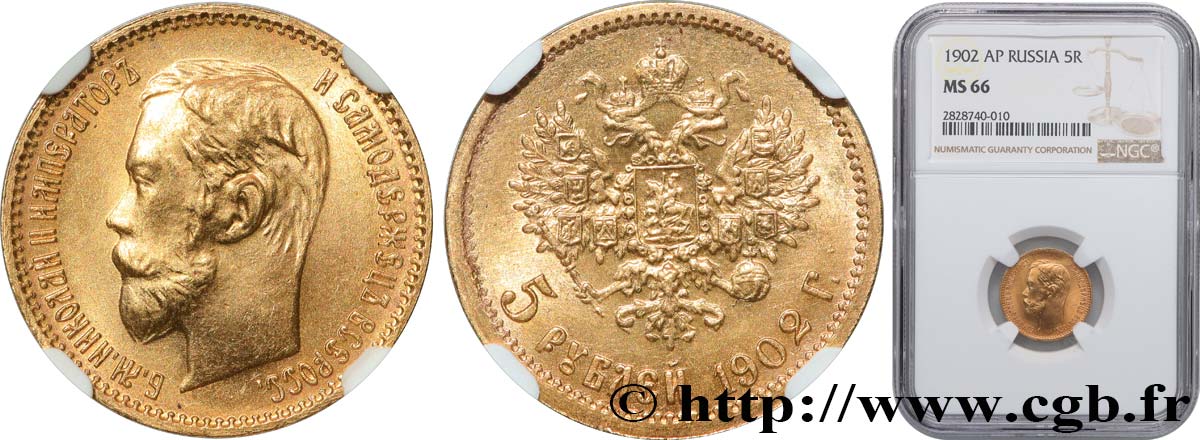 RUSSIE - NICOLAS II 5 Roubles 1902 Saint-Petersbourg FDC66 NGC