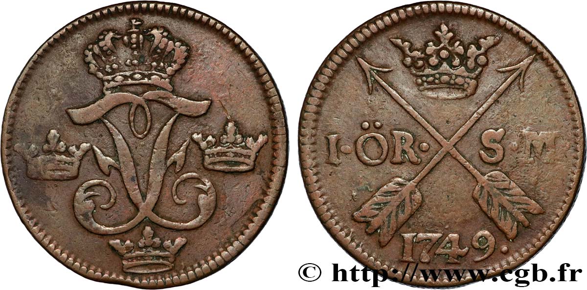 SUÈDE 1 Ore Frédéric Ier 1749  TB+ 