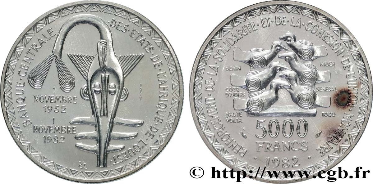 ÉTATS DE L&nbsp;AFRIQUE DE L&nbsp;OUEST (BCEAO) Essai de 5000 Francs masque / oiseau 20e anniversaire de l’Union Monétaire 1982 Paris FDC 