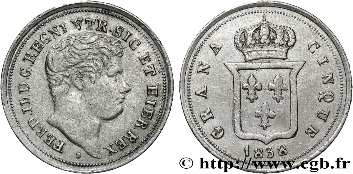 ITALY - KINGDOM OF TWO SICILIES 5 Grana Ferdinand II 1838 Naples AU 