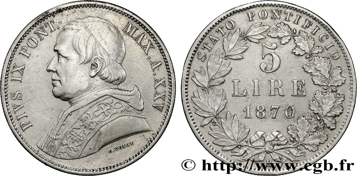 ITALIA - STATO PONTIFICIO - PIE IX (Giovanni Maria Mastai Ferretti) 5 Lire an XXV 1870 Rome BB 