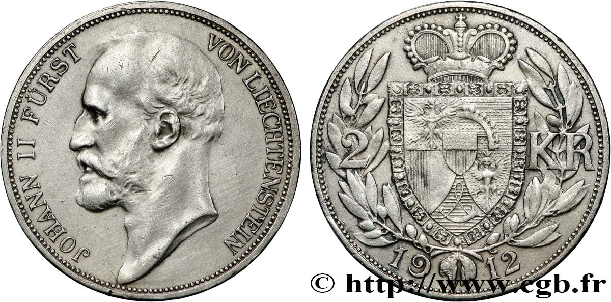 LIECHTENSTEIN 2 Kronen prince Jean II 1912 Berne TTB+ 