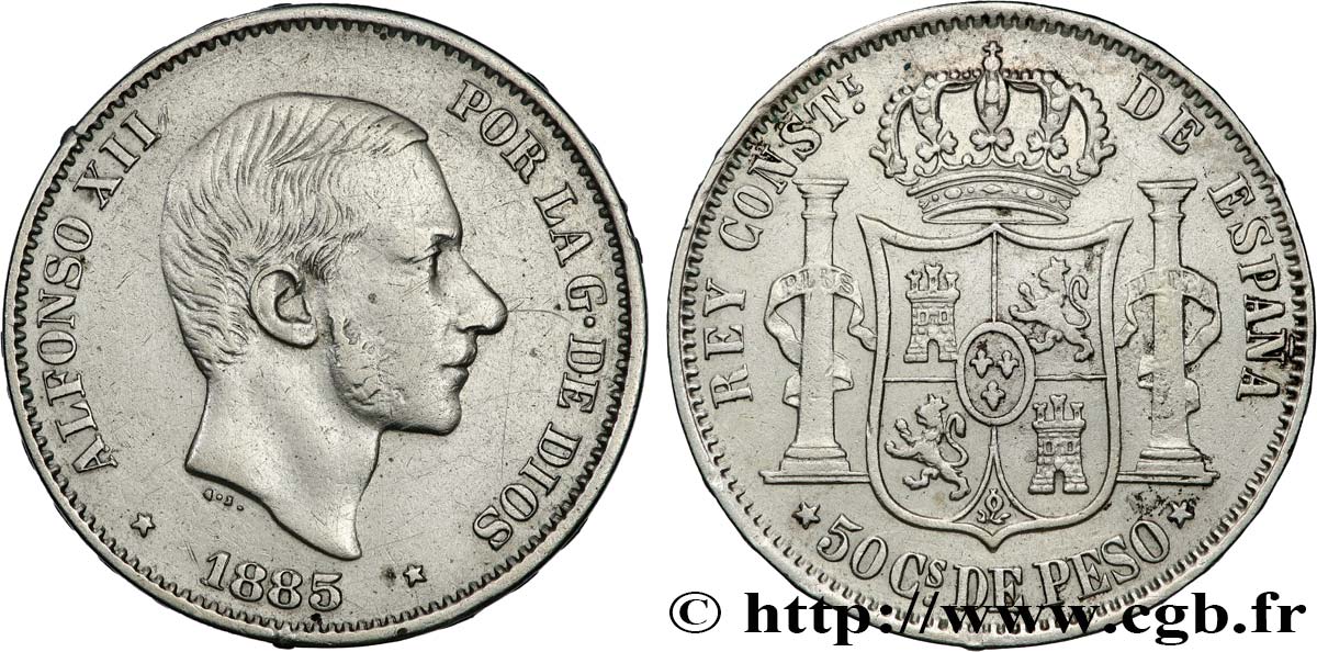 FILIPPINE 50 Centimos de Peso Alphonse XII 1885 Manille q.SPL 