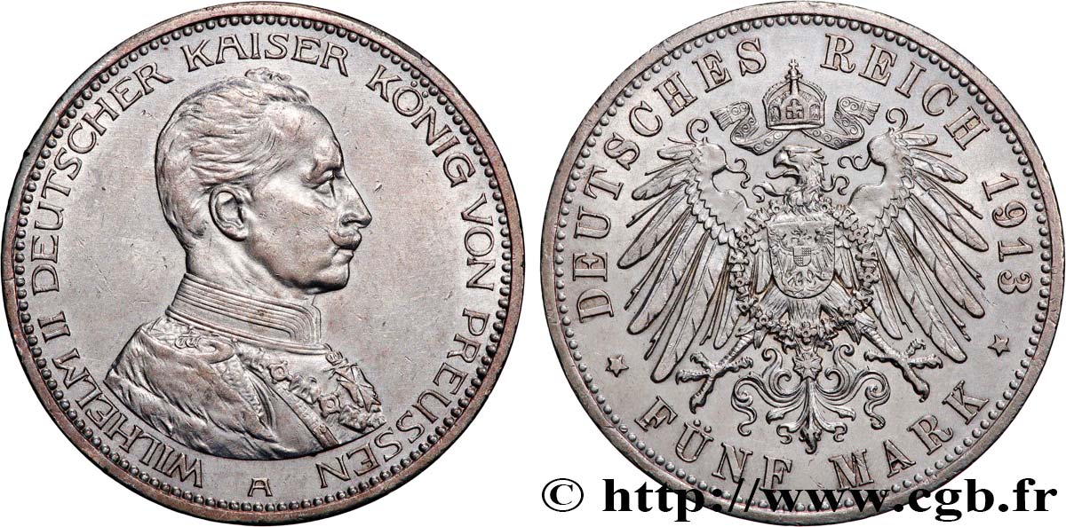 ALLEMAGNE - PRUSSE 5 Mark Guillaume II 1913 Berlin TTB+/SUP 