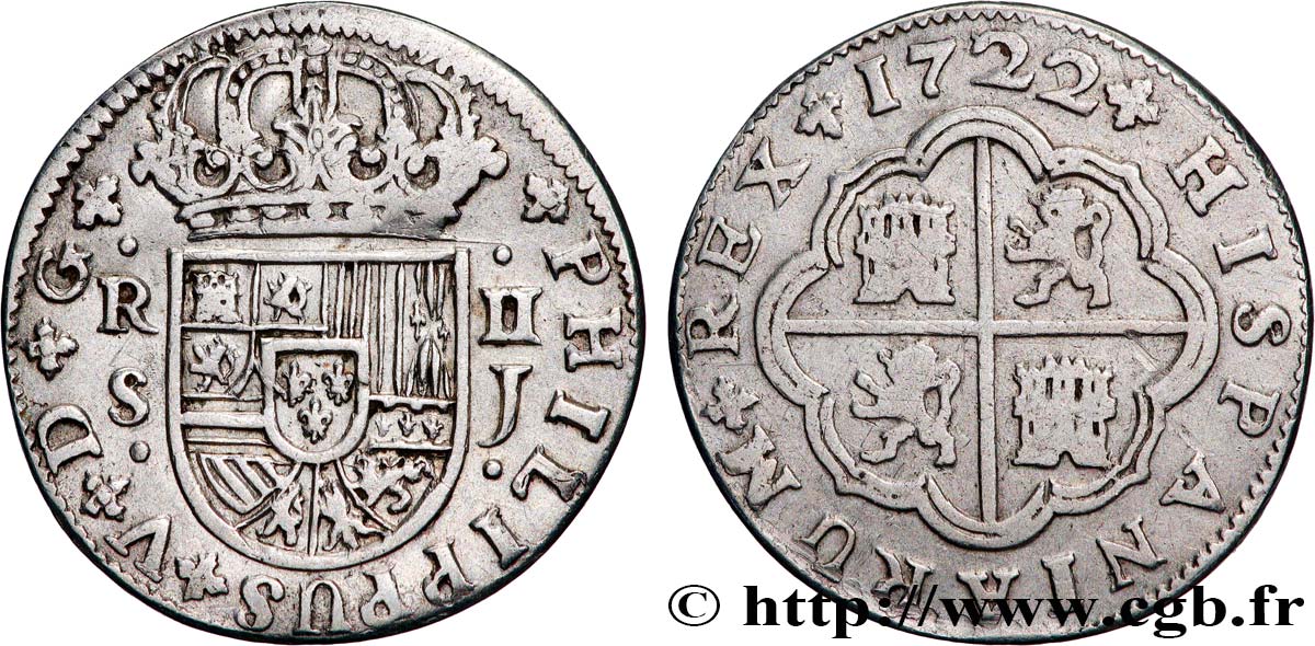 ESPAGNE 2 Reales au nom de Philippe V 1722 Séville TTB 