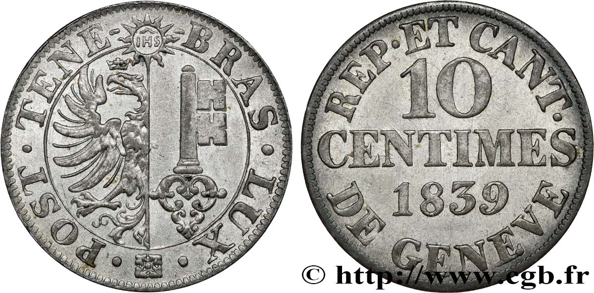 SWITZERLAND - REPUBLIC OF GENEVA 10 Centimes 1839  AU 