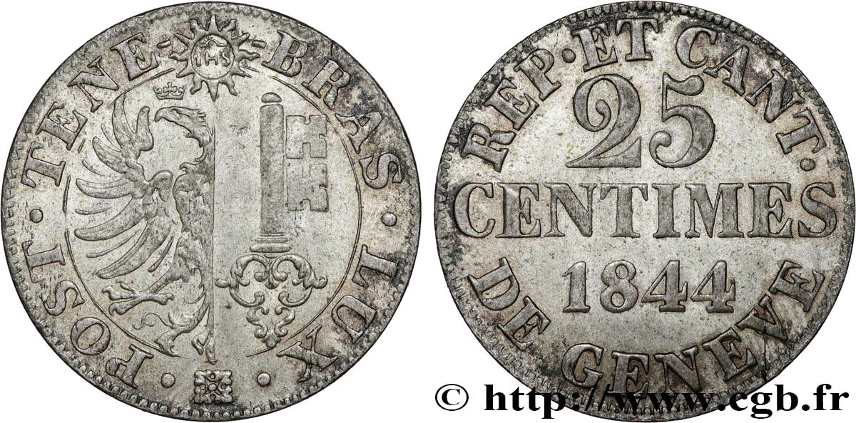 SCHWEIZ - REPUBLIK GENF 25 Centimes - Canton de Genève 1844  VZ 