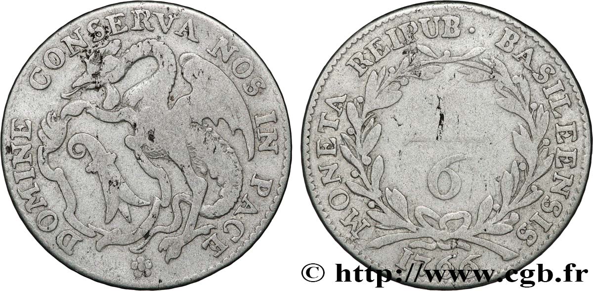 SUISSE - VILLE DE BÂLE 1/6 Thaler 1766 Bâle TB 