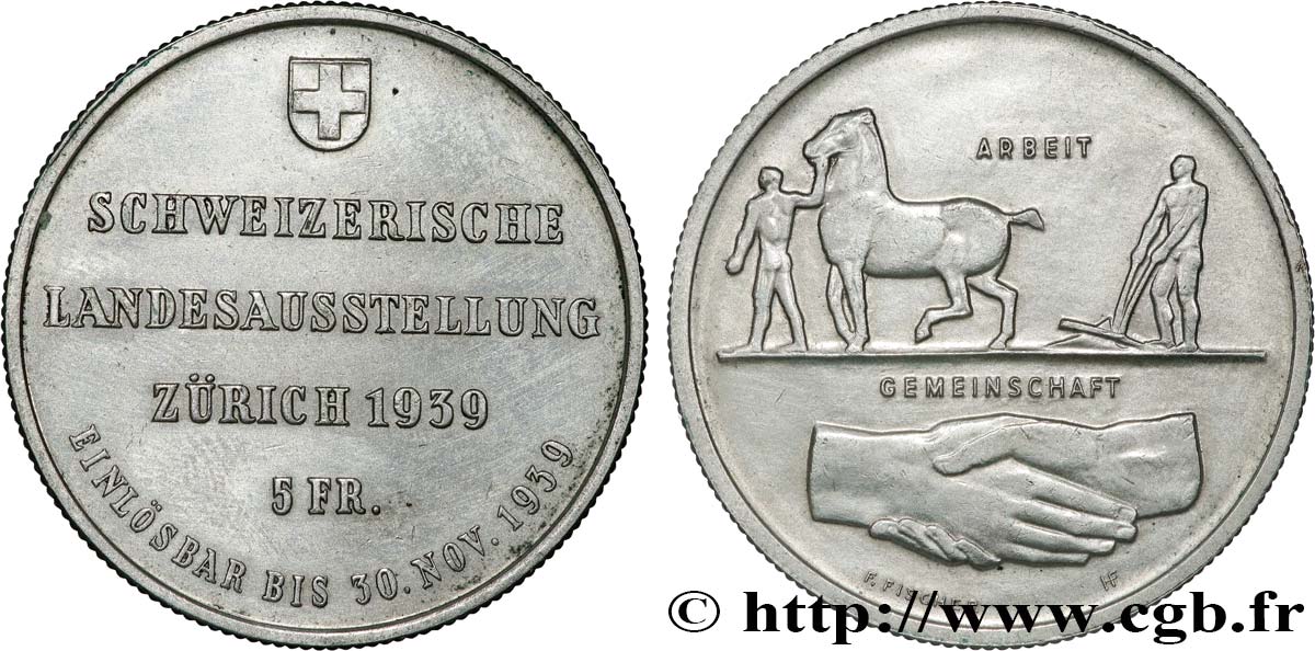 SUISSE 5 Francs Exposition de Zurich 1939 Huguenin - Le Locle TTB+ 