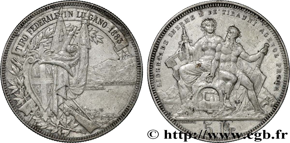 SWITZERLAND 5 Francs, concours de Tir de Lugano 1883  XF 