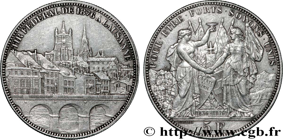 SUIZA 5 Francs, monnaie de Tir, Lausanne 1876  MBC 