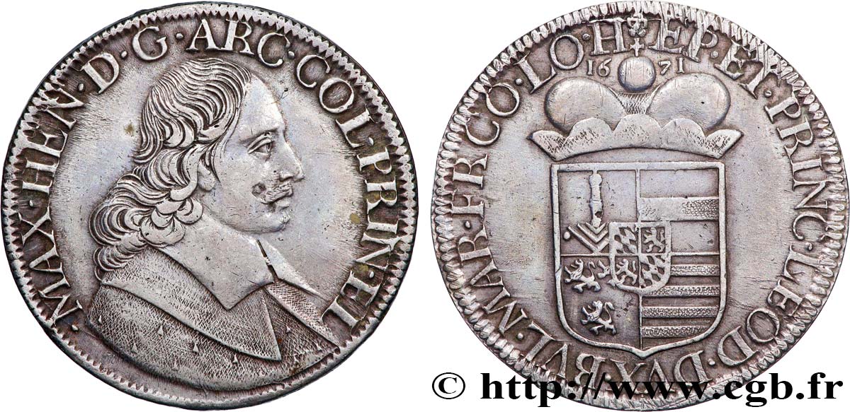 ÉVÊCHÉ DE LIÈGE - MAXIMILIEN HENRI DE BAVIÈRE Patagon 1671 Liège TTB+ 