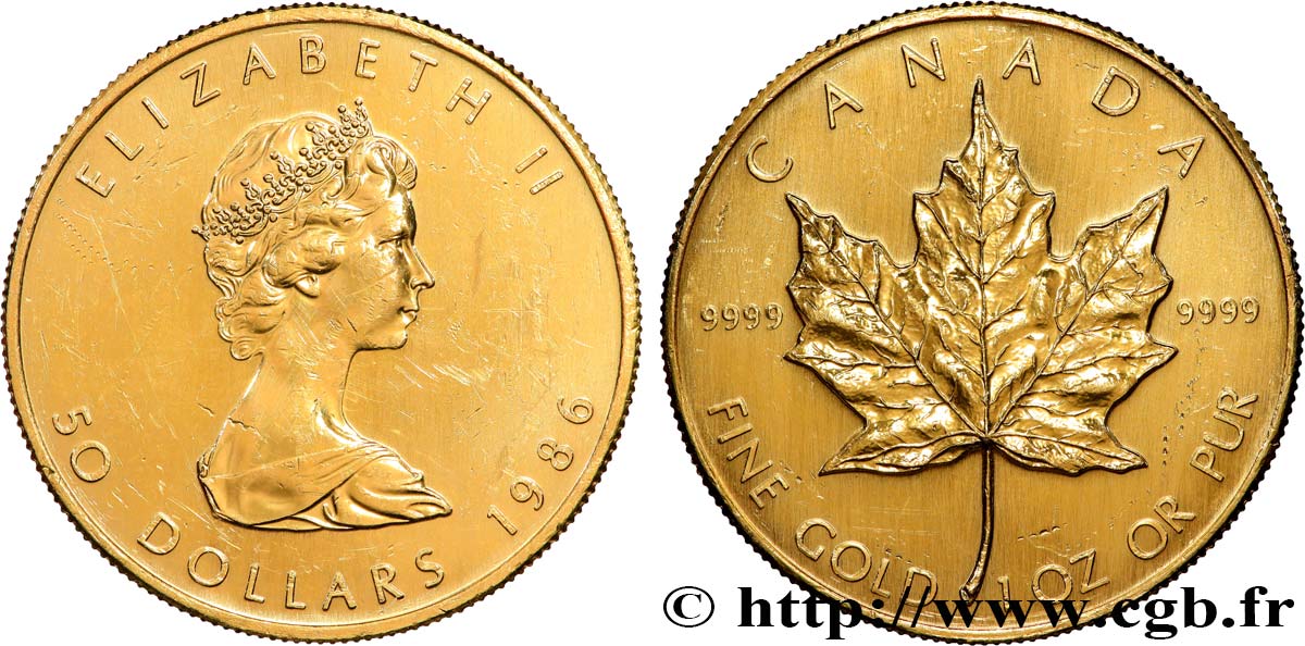 GOLD, PALLADIUM & PLATINUM INVESTMENT 1 Oz - 50 Dollars  Maple Leaf  Elisabeth II 1986  AU 
