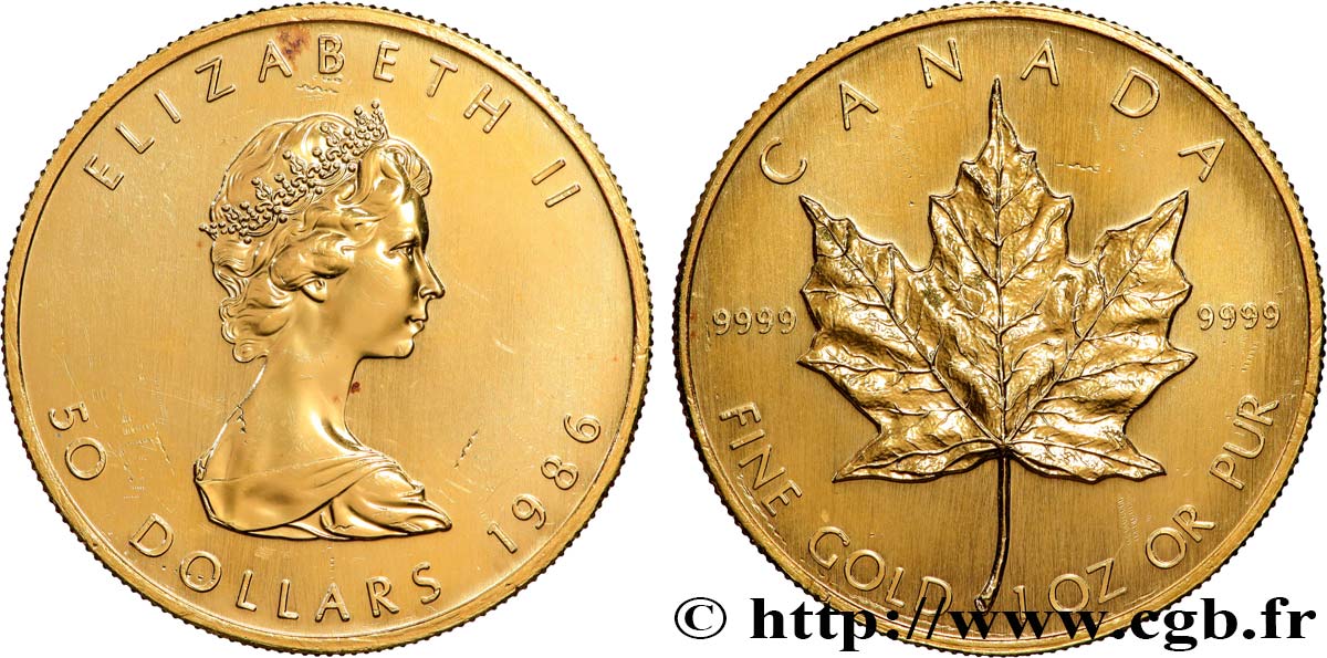 OR, PALLADIUM ET PLATINE INVESTISSEMENT 1 Oz - 50 Dollars &nbsp;Maple Leaf&nbsp; Elisabeth II 1986  SPL 