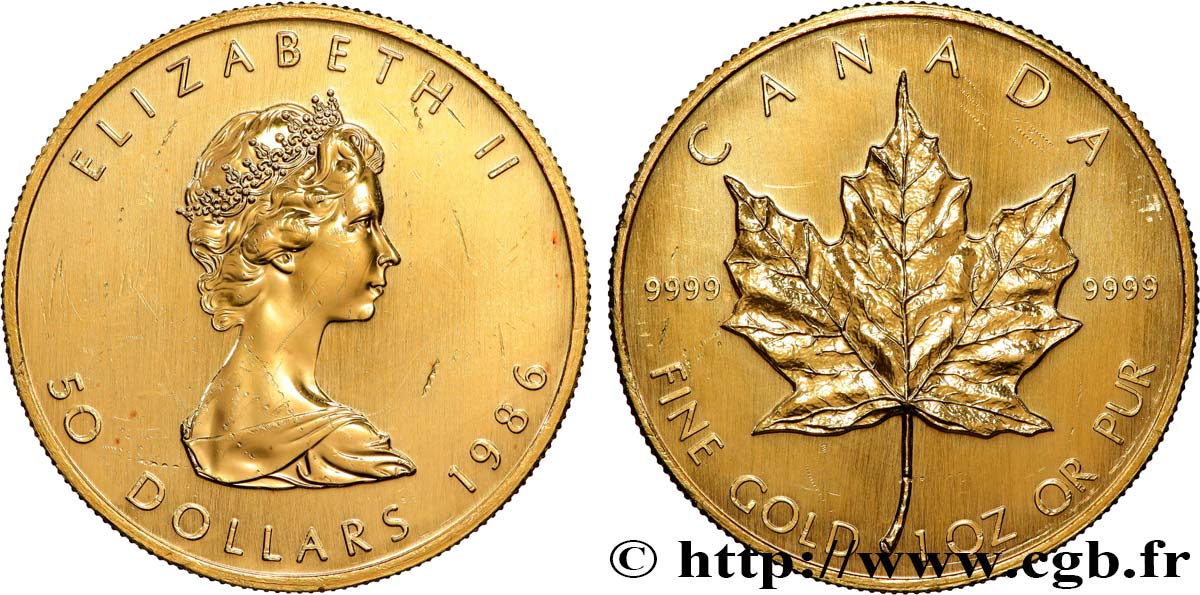 OR D INVESTISSEMENT 1 Oz - 50 Dollars  Maple Leaf  Elisabeth II 1986  SPL 