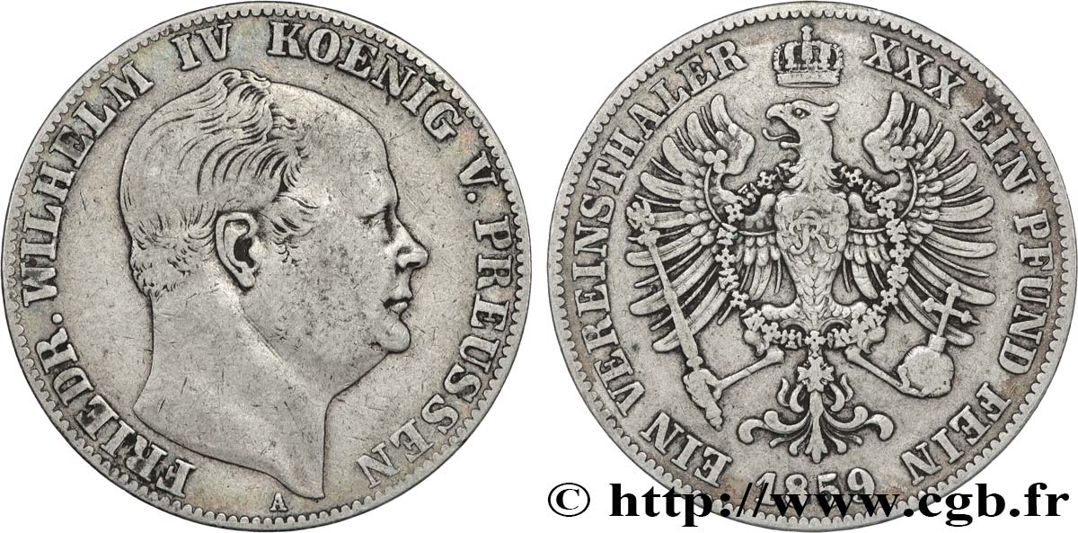 GERMANY - KINGDOM OF PRUSSIA - FREDERICK-WILLIAM IV 1 Thaler  1859 Berlin VF 