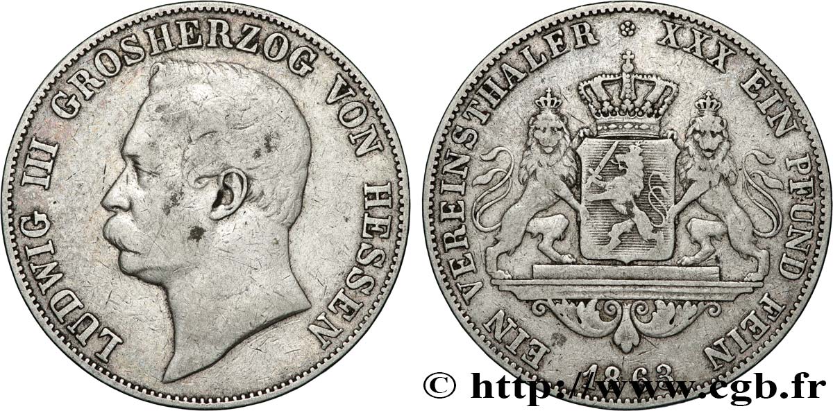 GERMANY - HESSE-DARMSTADT- LOUIS III 1 Thaler  1863  fSS 