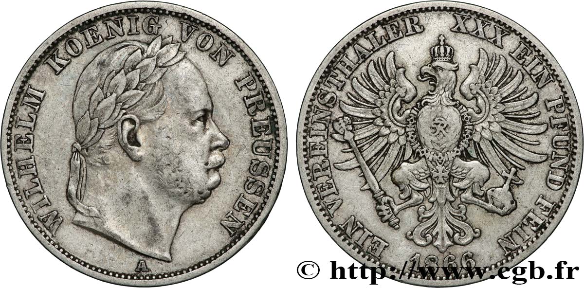 ALLEMAGNE - ROYAUME DE PRUSSE - GUILLAUME Ier 1 Thaler tête laurée 1866 Berlin MBC 