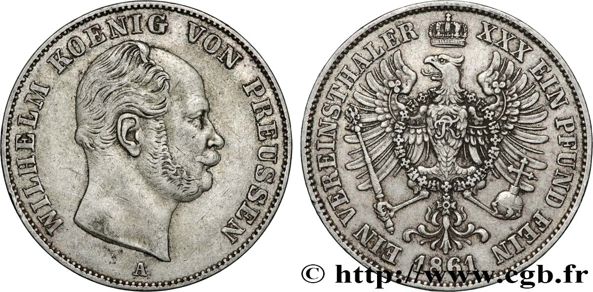 GERMANY - KINGDOM OF PRUSSIA - WILLIAM I 1 Thaler  1861 Berlin XF 