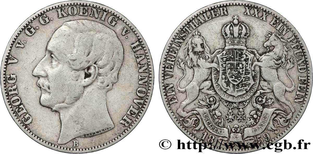 ALLEMAGNE - ROYAUME DE HANOVRE - GEORGES V 1 Thaler 1859 Hanovre TTB 
