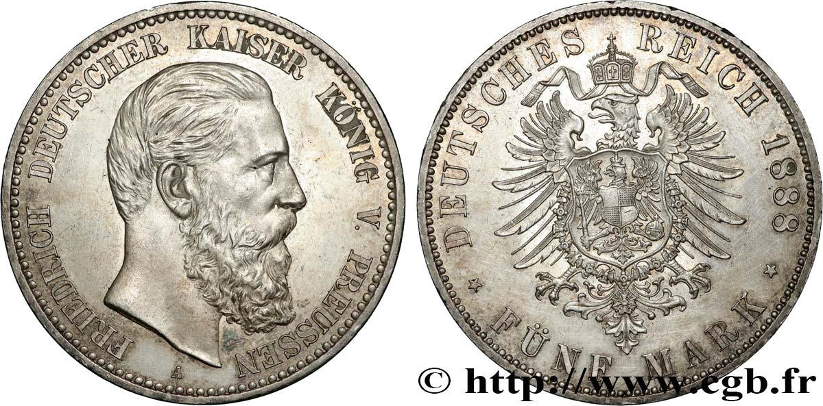 GERMANY - KINGDOM OF PRUSSIA - FREDERICK III 5 Mark  1888 Berlin AU 