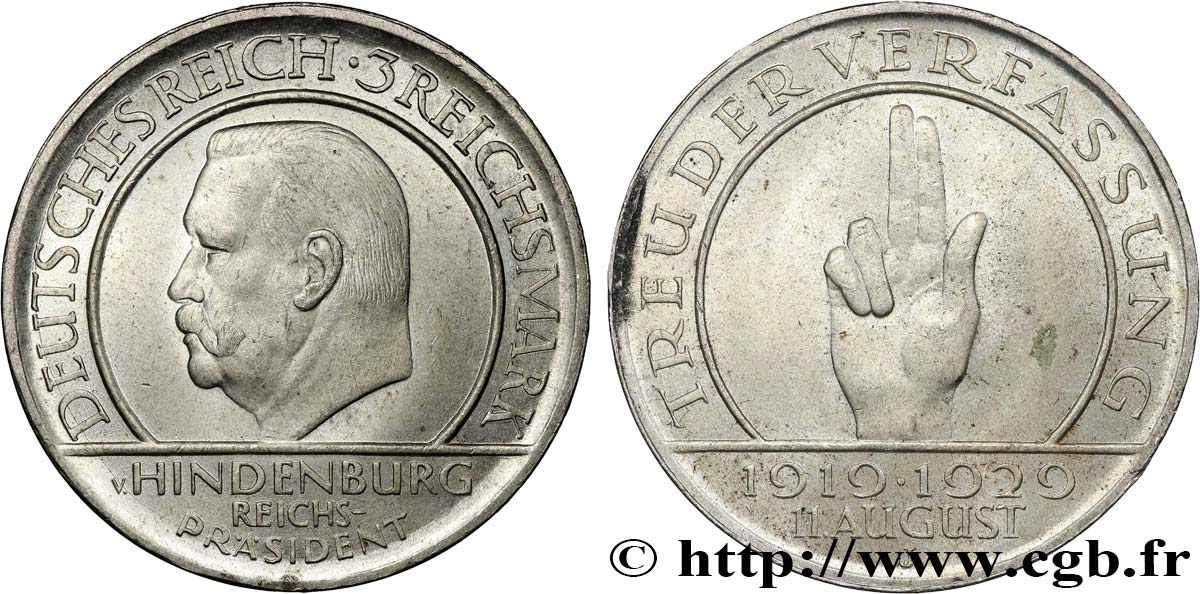 DEUTSCHLAND 3 Reichsmark 10e anniversaire de la République  1929 Hambourg VZ 