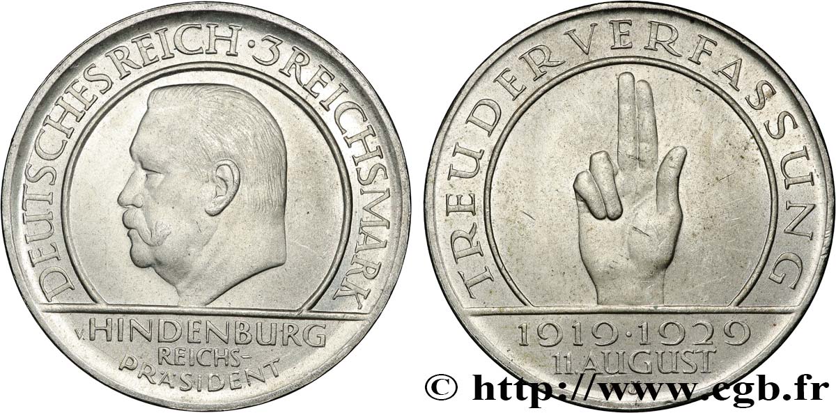 DEUTSCHLAND 3 Reichsmark 10e anniversaire de la République  1929 Hambourg VZ 