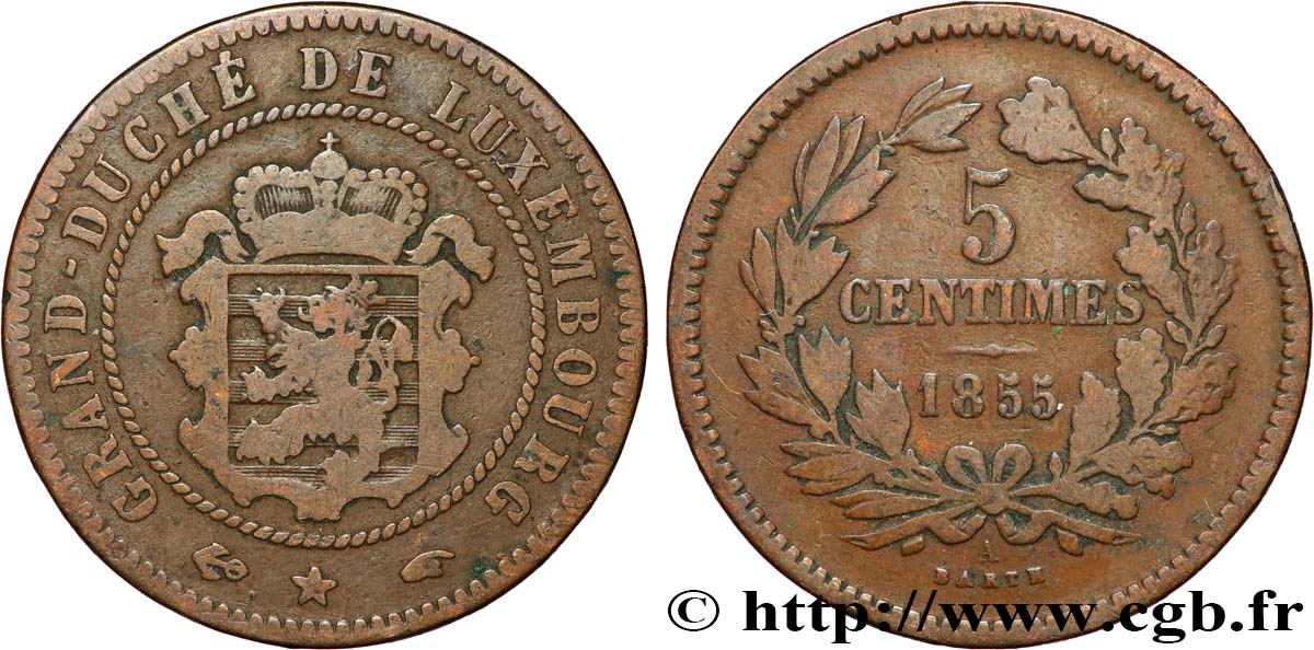 LUXEMBURGO 5 Centimes écu couronné 1855 Paris  BC+ 