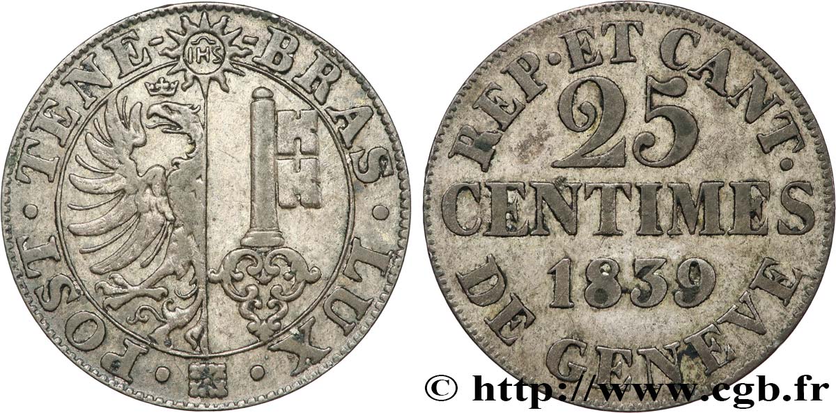 SWITZERLAND - REPUBLIC OF GENEVA 25 Centimes 1839  XF 